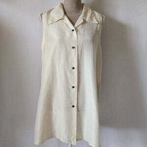 New York Studio Women's M Ivory 100% Silk Button Down Collared Vest Blouse Top